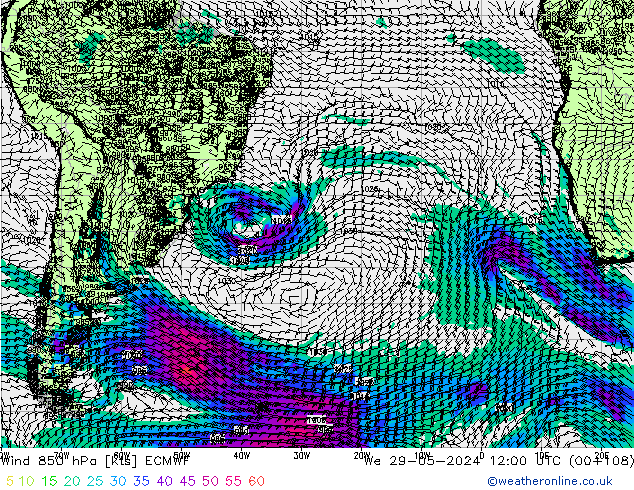 Vent 850 hPa ECMWF mer 29.05.2024 12 UTC