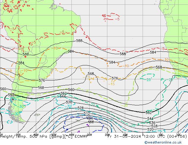 Z500/Rain (+SLP)/Z850 ECMWF Fr 31.05.2024 12 UTC