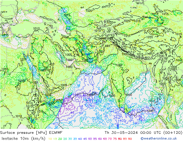 Isotachs (kph) ECMWF gio 30.05.2024 00 UTC