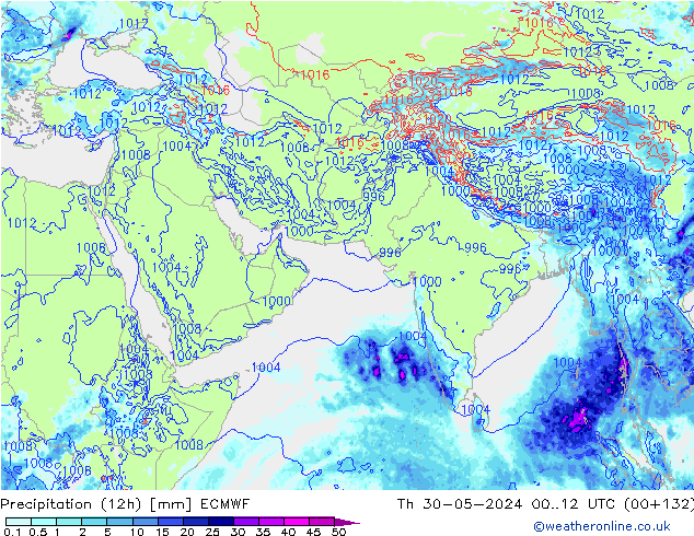 Totale neerslag (12h) ECMWF do 30.05.2024 12 UTC