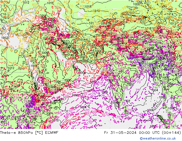 Theta-e 850hPa ECMWF Cu 31.05.2024 00 UTC