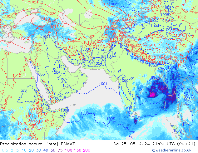 Precipitation accum. ECMWF Sa 25.05.2024 21 UTC