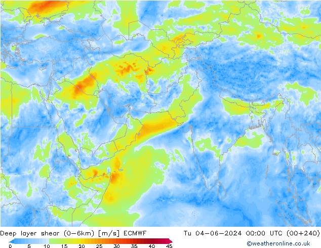 Deep layer shear (0-6km) ECMWF Tu 04.06.2024 00 UTC
