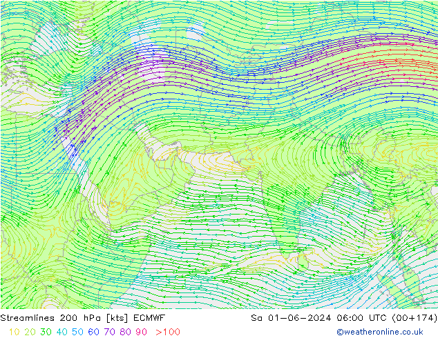 Streamlines 200 hPa ECMWF Sa 01.06.2024 06 UTC