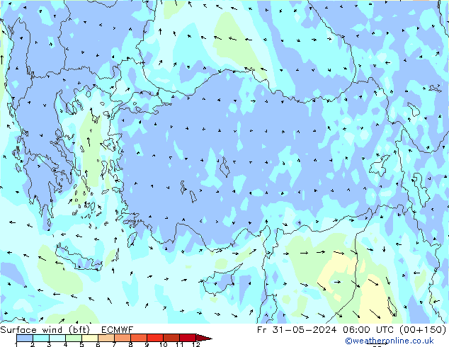 Vent 10 m (bft) ECMWF ven 31.05.2024 06 UTC