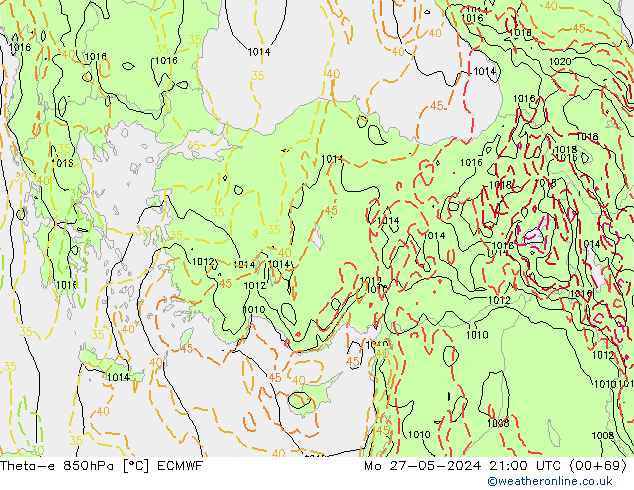 Theta-e 850hPa ECMWF Pzt 27.05.2024 21 UTC