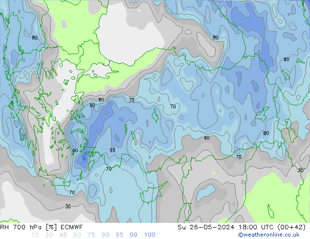 RH 700 hPa ECMWF Su 26.05.2024 18 UTC