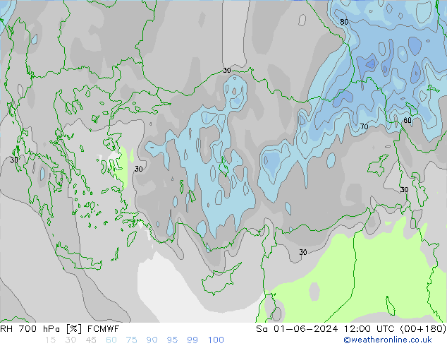 RH 700 гПа ECMWF сб 01.06.2024 12 UTC