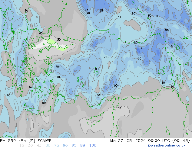 RH 850 hPa ECMWF pon. 27.05.2024 00 UTC