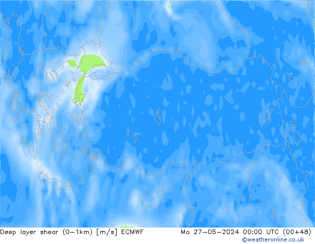 Deep layer shear (0-1km) ECMWF Mo 27.05.2024 00 UTC