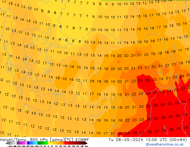 Height/Temp. 850 hPa ECMWF Tu 28.05.2024 12 UTC