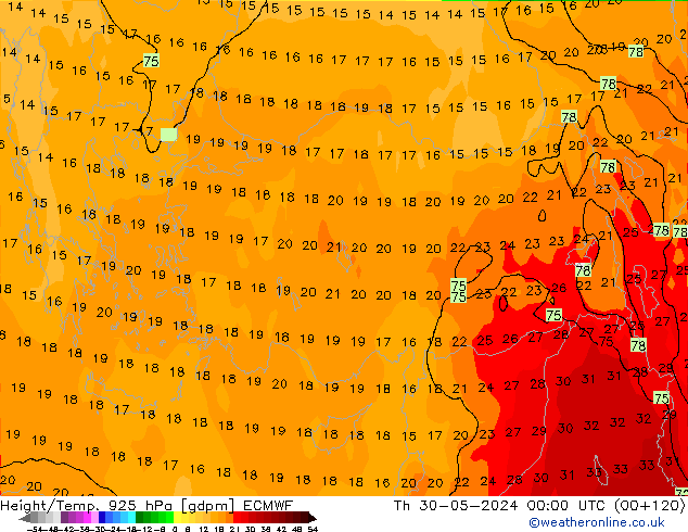 Height/Temp. 925 hPa ECMWF Th 30.05.2024 00 UTC