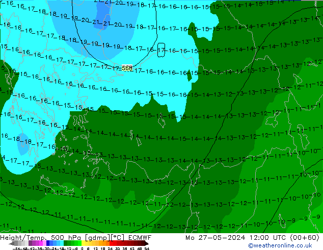 Z500/Yağmur (+YB)/Z850 ECMWF Pzt 27.05.2024 12 UTC