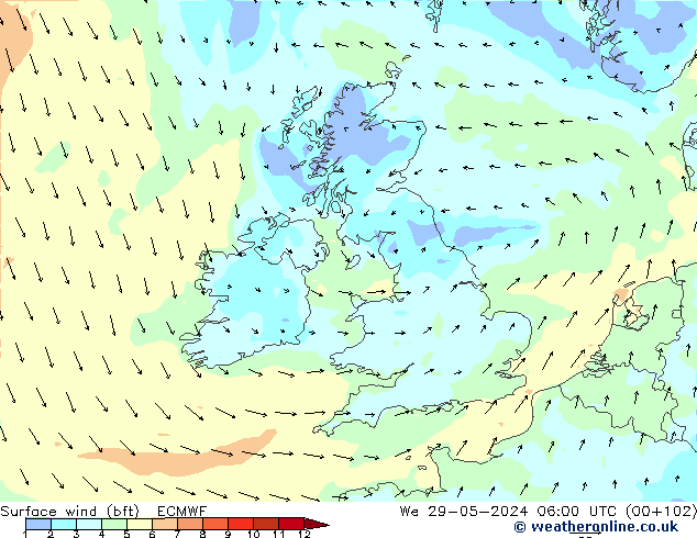 Surface wind (bft) ECMWF We 29.05.2024 06 UTC