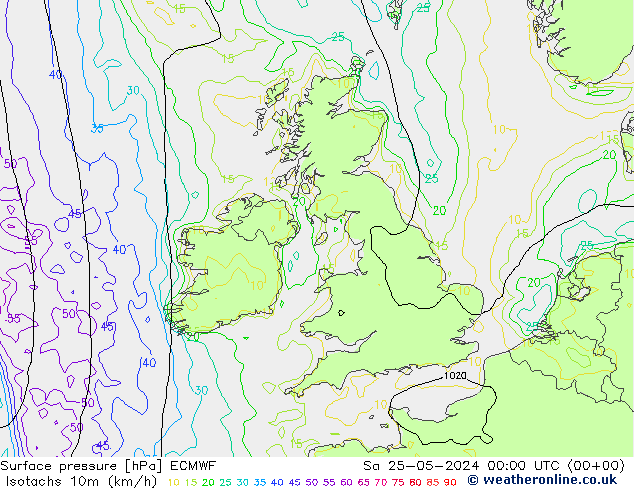 Isotachs (kph) ECMWF Sa 25.05.2024 00 UTC