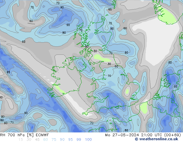 RH 700 hPa ECMWF Mo 27.05.2024 21 UTC