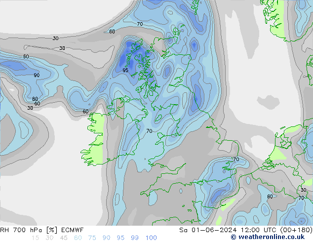 RH 700 hPa ECMWF sab 01.06.2024 12 UTC