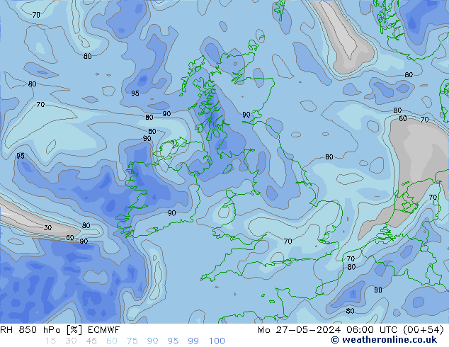 RH 850 гПа ECMWF пн 27.05.2024 06 UTC