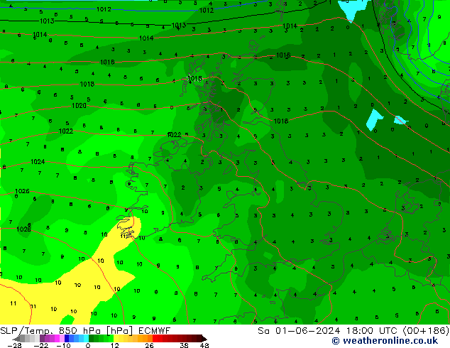 SLP/Temp. 850 hPa ECMWF so. 01.06.2024 18 UTC