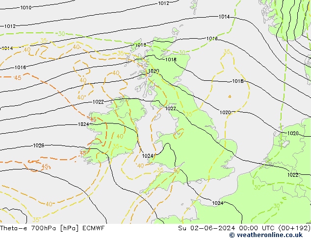 Theta-e 700гПа ECMWF Вс 02.06.2024 00 UTC