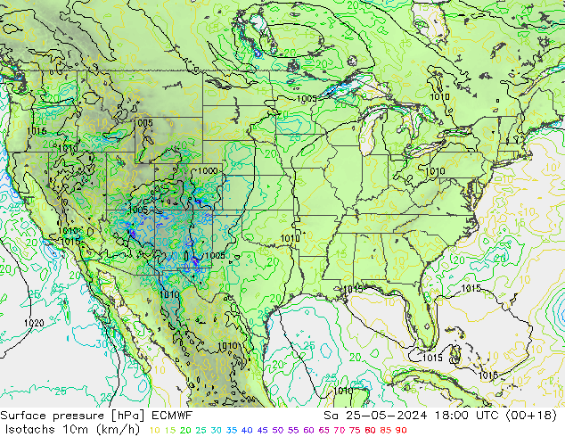 Eşrüzgar Hızları (km/sa) ECMWF Cts 25.05.2024 18 UTC