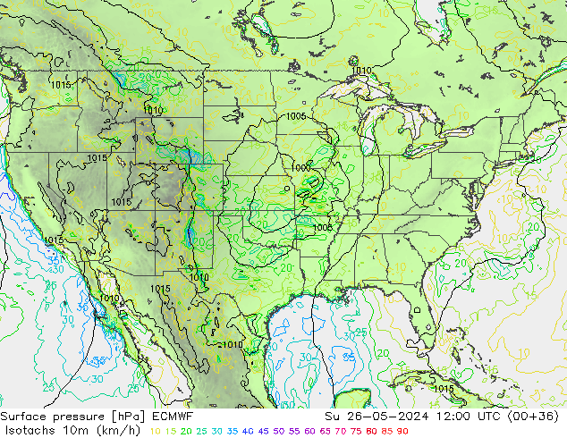 Isotachs (kph) ECMWF Su 26.05.2024 12 UTC