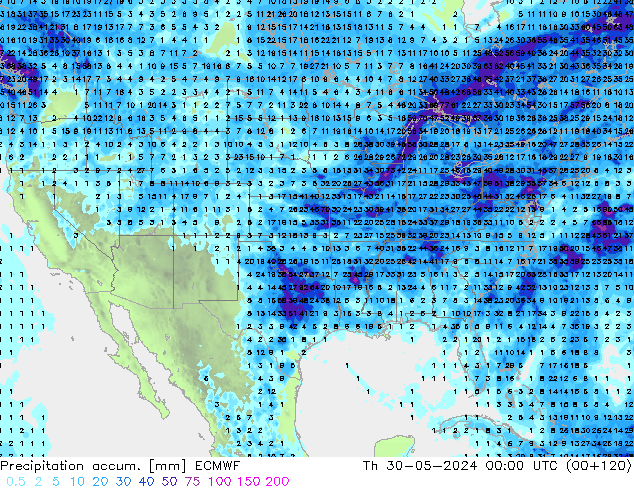 Precipitation accum. ECMWF Čt 30.05.2024 00 UTC