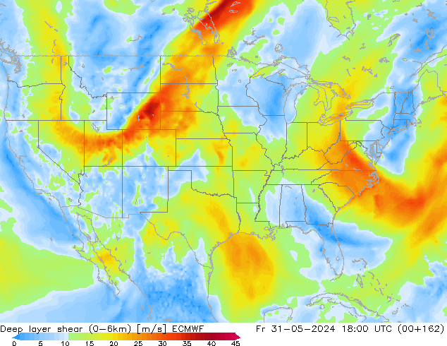 Deep layer shear (0-6km) ECMWF Pá 31.05.2024 18 UTC