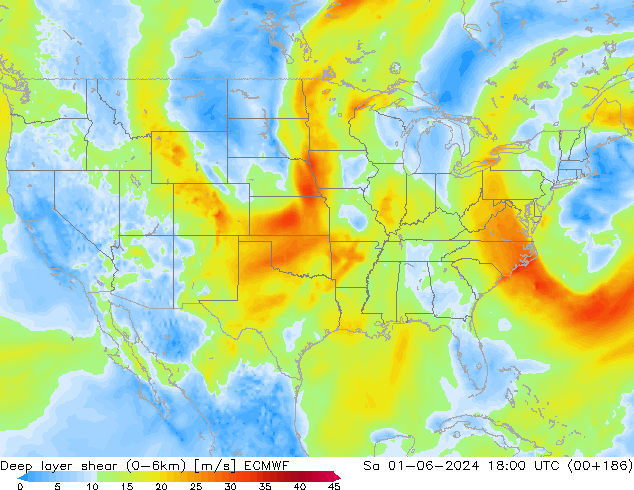 Deep layer shear (0-6km) ECMWF sab 01.06.2024 18 UTC