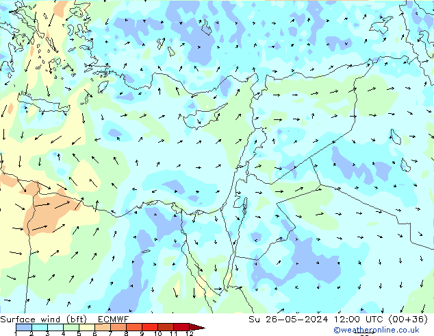 wiatr 10 m (bft) ECMWF nie. 26.05.2024 12 UTC