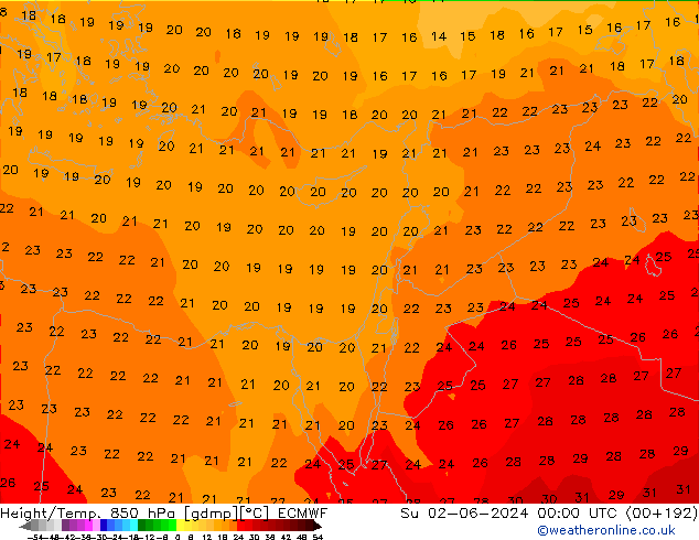 Z500/Yağmur (+YB)/Z850 ECMWF Paz 02.06.2024 00 UTC