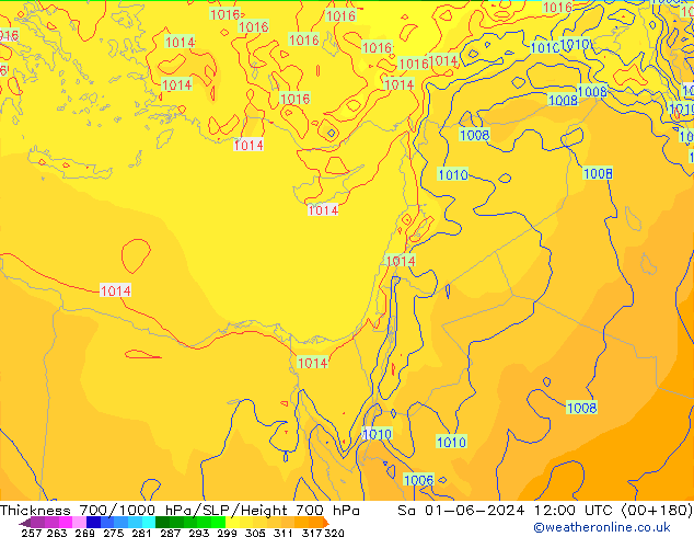 Schichtdicke 700-1000 hPa ECMWF Sa 01.06.2024 12 UTC