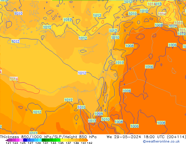 Dikte 850-1000 hPa ECMWF wo 29.05.2024 18 UTC