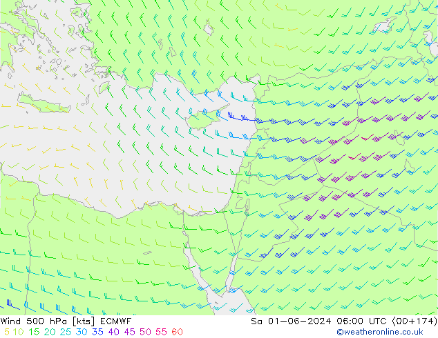 Wind 500 hPa ECMWF Sa 01.06.2024 06 UTC