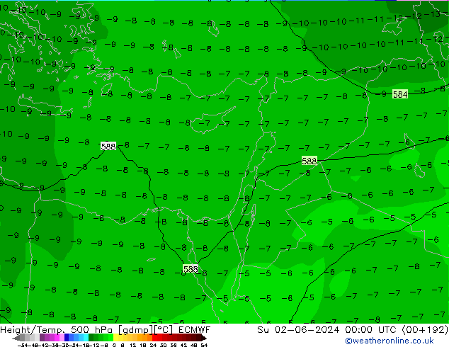 Z500/Yağmur (+YB)/Z850 ECMWF Paz 02.06.2024 00 UTC