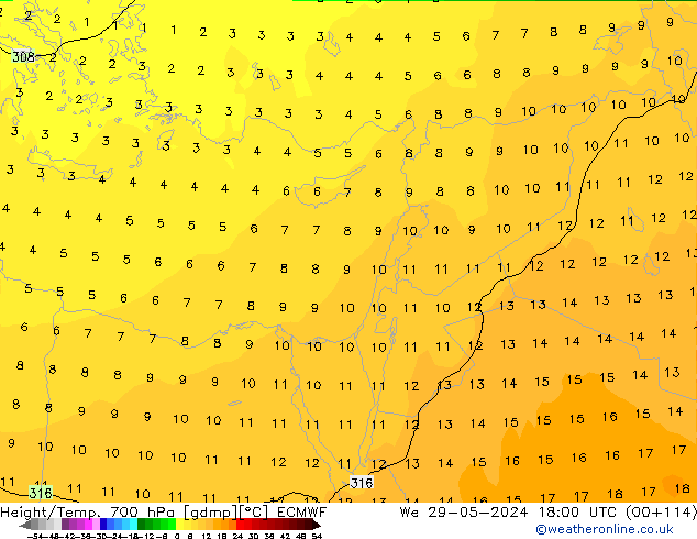 Hoogte/Temp. 700 hPa ECMWF wo 29.05.2024 18 UTC