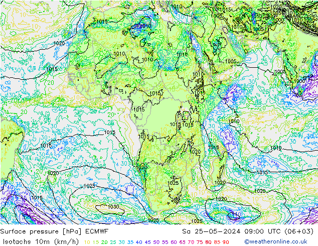 Isotachs (kph) ECMWF Sa 25.05.2024 09 UTC