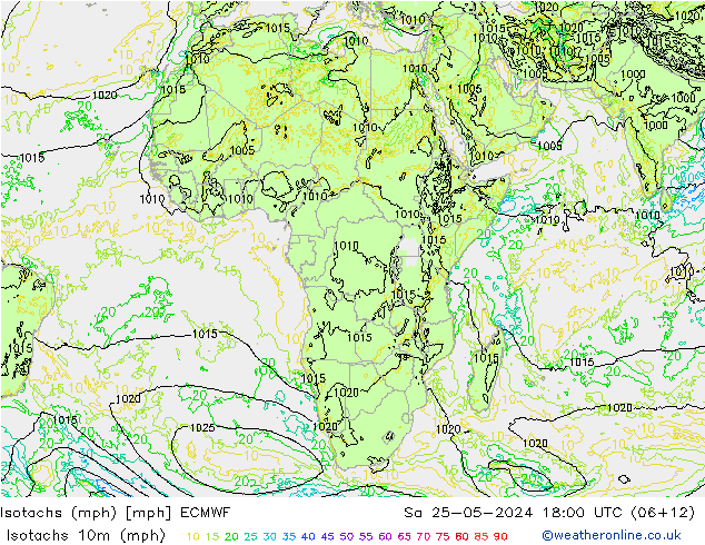 Isotachs (mph) ECMWF sab 25.05.2024 18 UTC