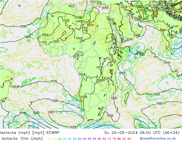 Isotachs (mph) ECMWF Вс 26.05.2024 06 UTC