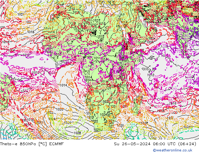 Theta-e 850hPa ECMWF zo 26.05.2024 06 UTC