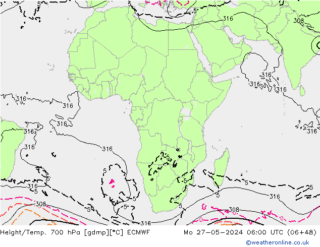 Height/Temp. 700 hPa ECMWF Mo 27.05.2024 06 UTC