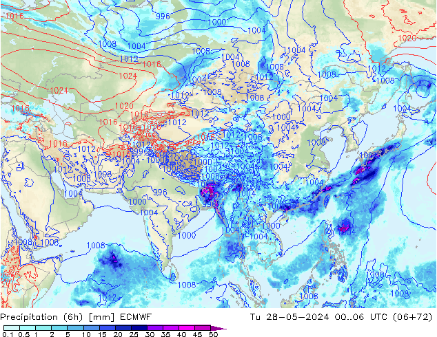 Precipitation (6h) ECMWF Tu 28.05.2024 06 UTC