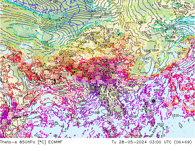 Theta-e 850hPa ECMWF Ter 28.05.2024 03 UTC