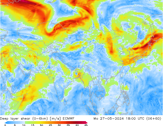 Deep layer shear (0-6km) ECMWF pon. 27.05.2024 18 UTC