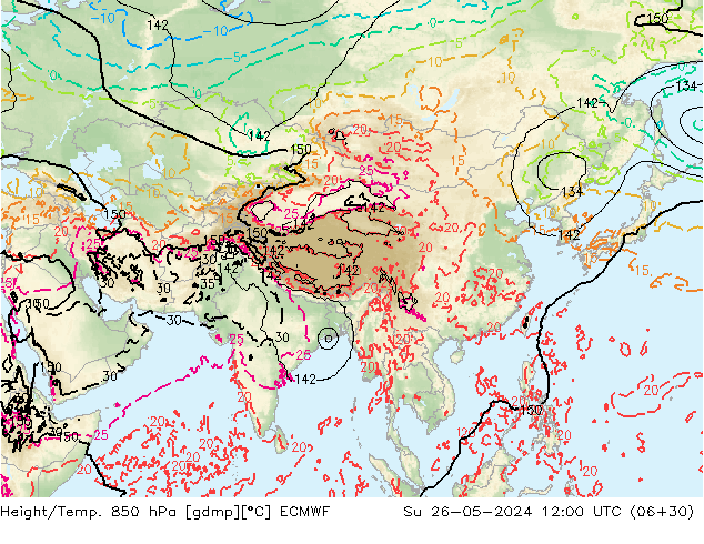 Z500/Yağmur (+YB)/Z850 ECMWF Paz 26.05.2024 12 UTC