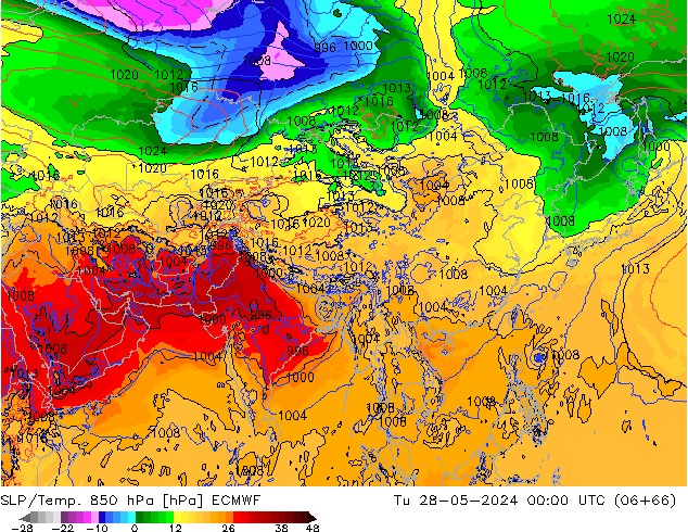 SLP/Temp. 850 hPa ECMWF di 28.05.2024 00 UTC