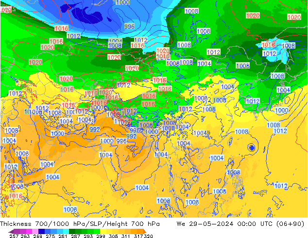 Espesor 700-1000 hPa ECMWF mié 29.05.2024 00 UTC