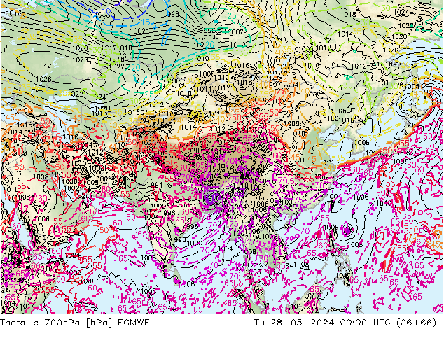 Theta-e 700hPa ECMWF Tu 28.05.2024 00 UTC