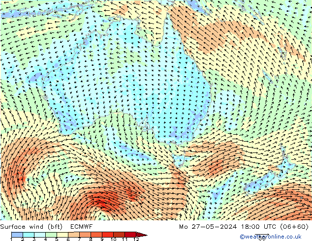 Viento 10 m (bft) ECMWF lun 27.05.2024 18 UTC