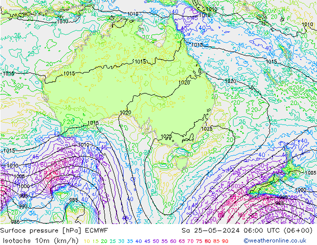 Izotacha (km/godz) ECMWF so. 25.05.2024 06 UTC